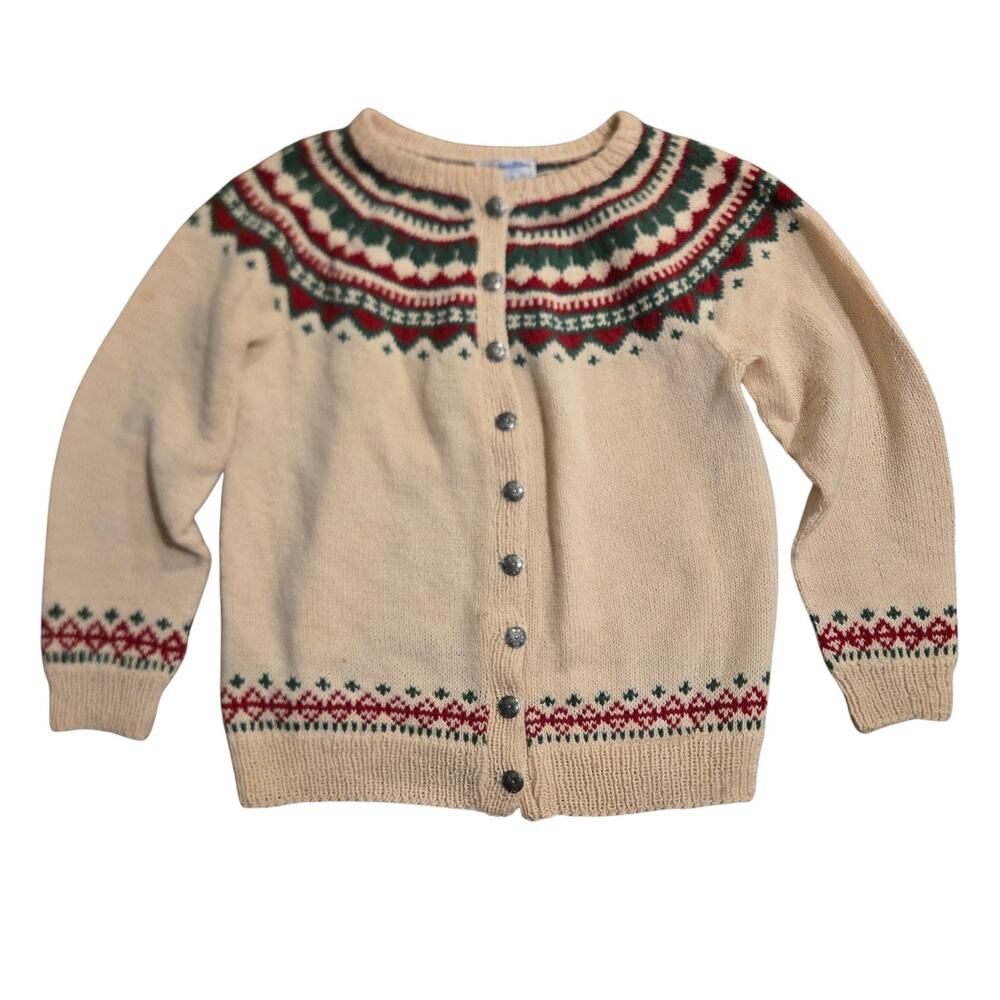 Vtg Husfliden Cardigan Women's Small Wool Sweater Hand Knit Norway Fair Isle Red